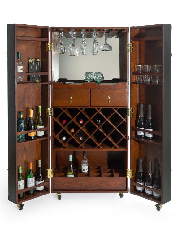 EXTRA LARGE TWO DOOR LEATHER STEAMER TRUNK WINE BAR CABINET