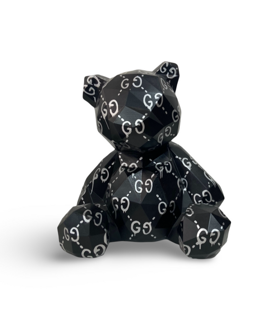 Black G graffiti monogram geometric bear sculpture